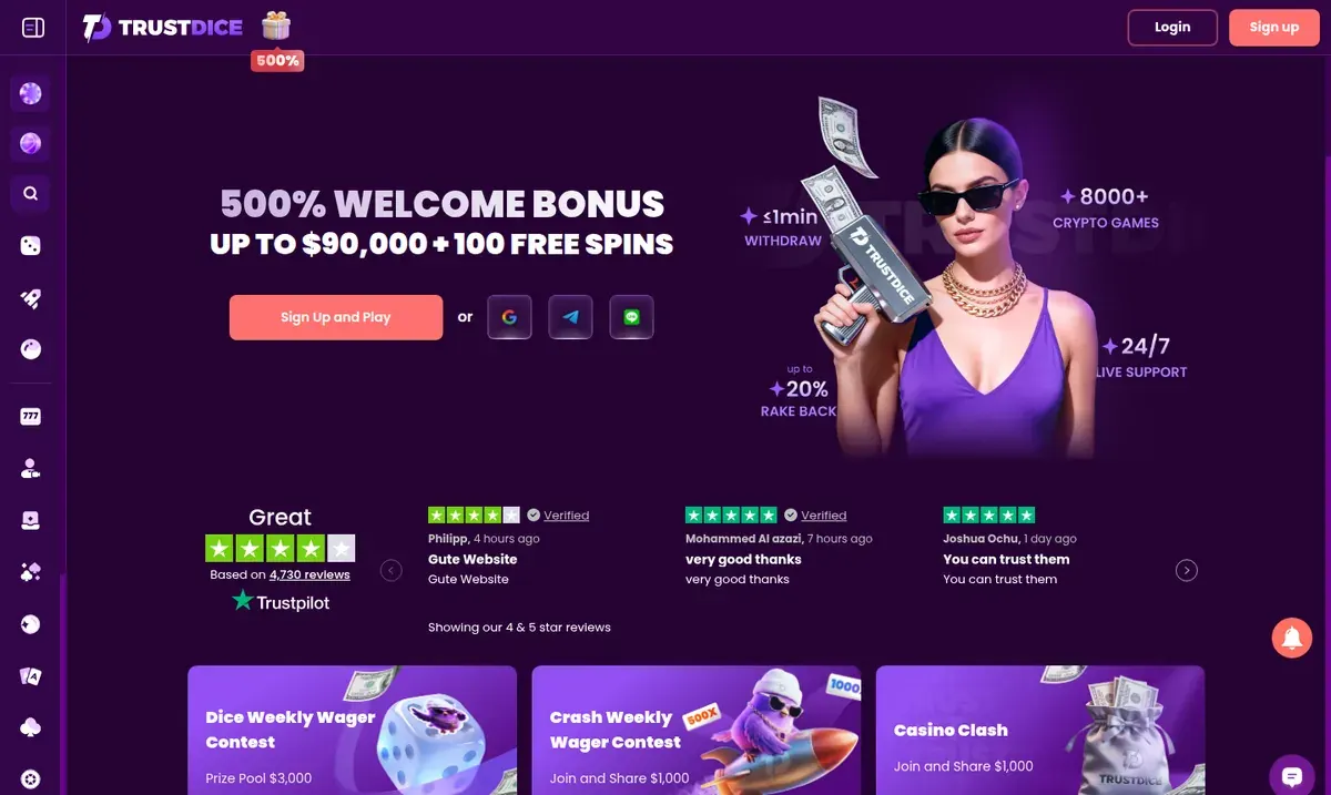 Startseite von TrustDice mit großem Willkommensbanner und Bewertungsleiste