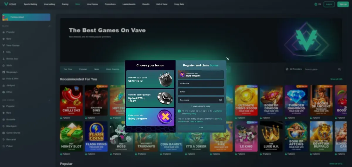 Startseite von Vave mit geöffnetem Anmeldefenster über der Spielelobby