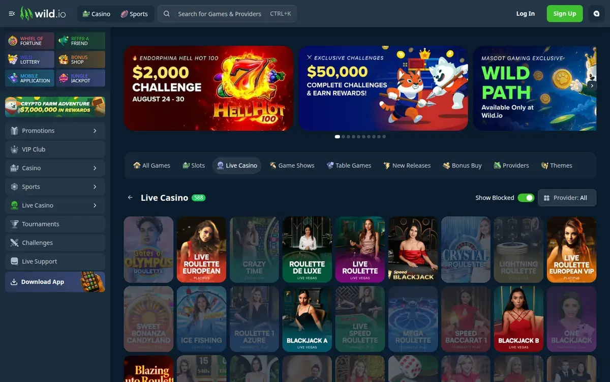 Live-Casino-Lobby von Wild.io mit Roulette-, Blackjack- und Baccarat-Tischen