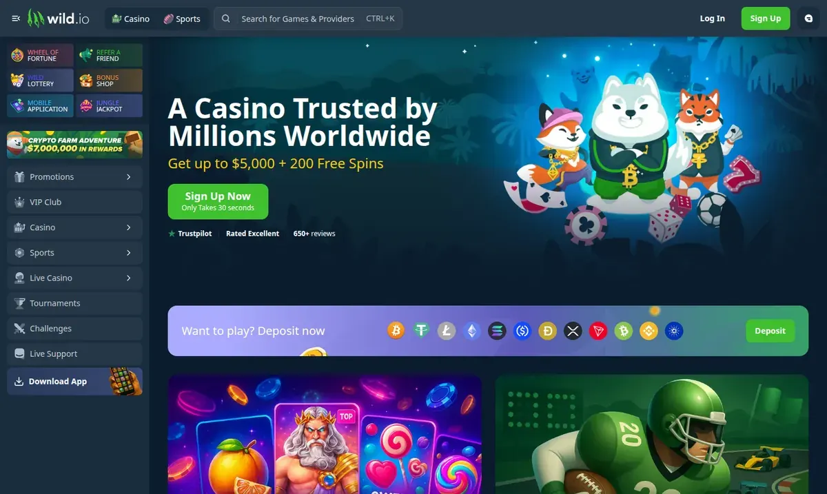 Startseite von Wild.io mit Willkommensangebot und einer Leiste mit Coin-Symbolen zum Einzahlen